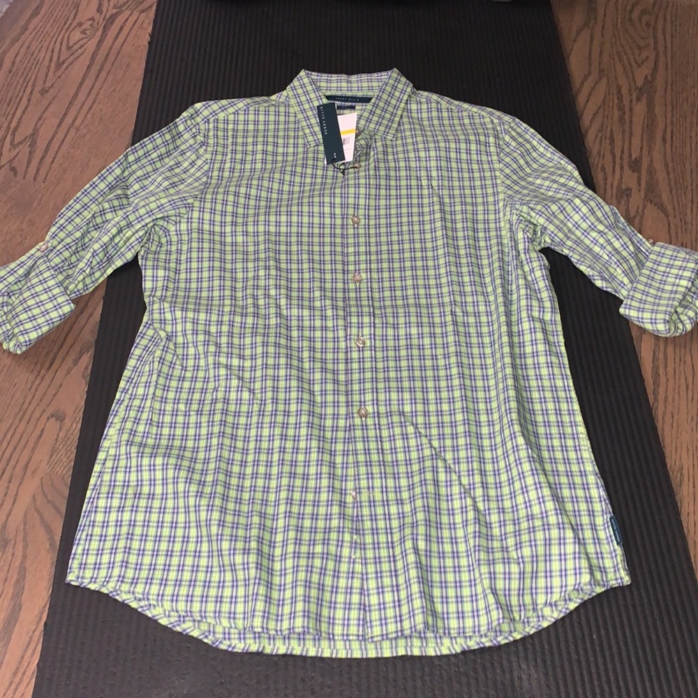 Perry Ellis Checkered Plaid Slim Button Down Green Purple - Picture 4 of 8